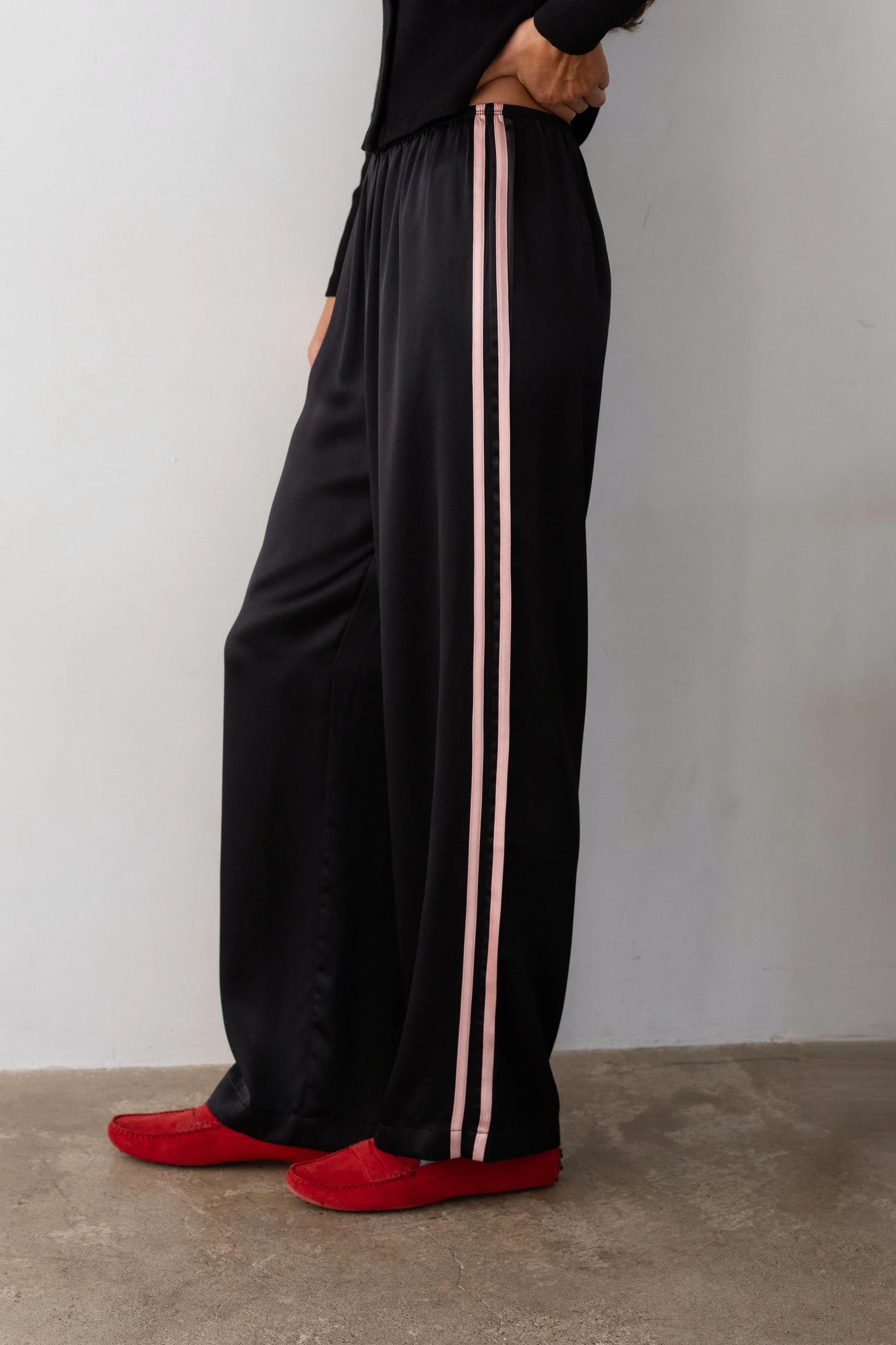 DONNI The Silk Stripe Simple Pant in Jet and Blossom