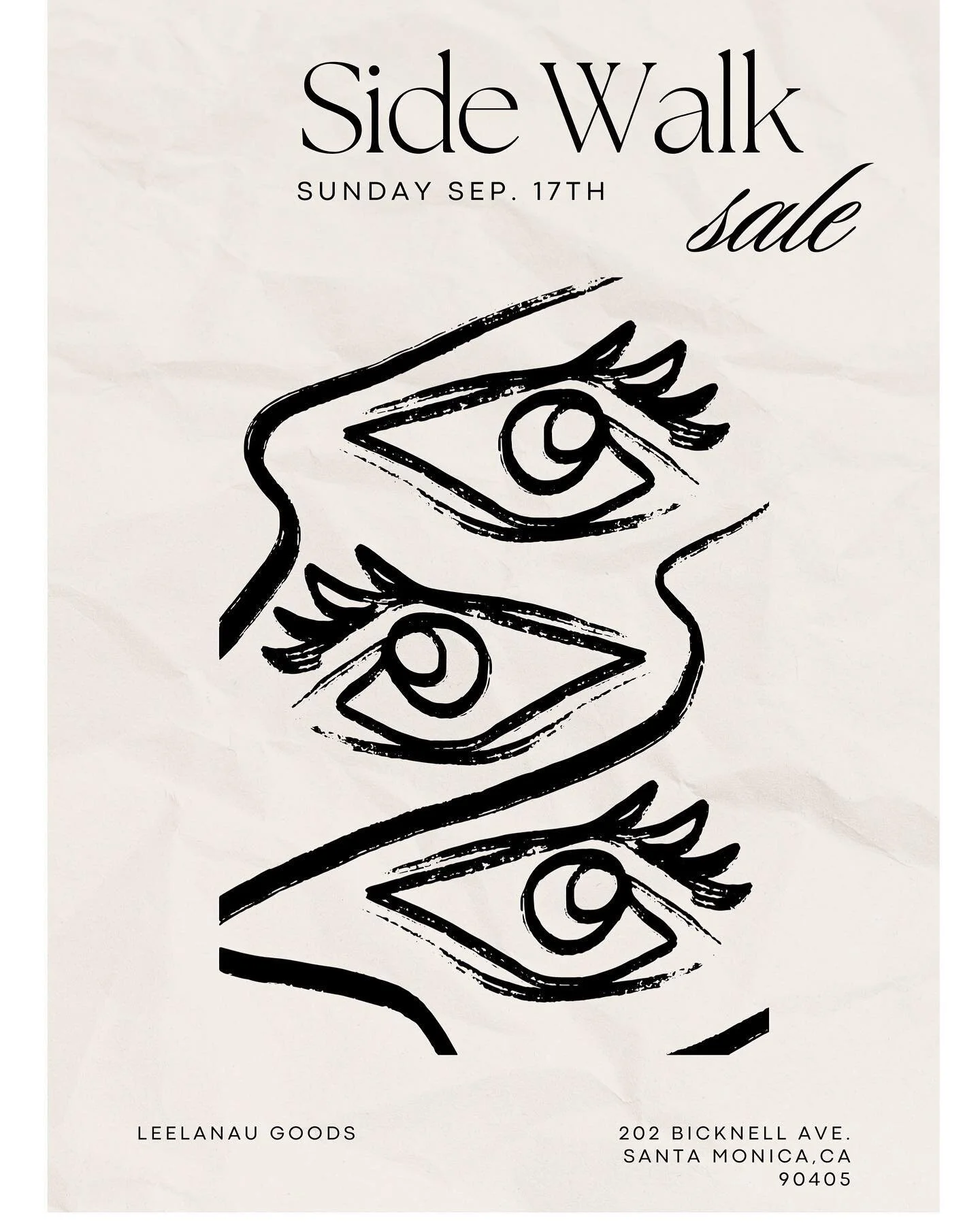 fyi 
sidewalk sale
SUNDAY 9/17/23
12-5
202 BICKNELL AVE. &bull; Santa Monica, CA 
A few of the brands include: Studio Fantastique, donni, Paloma Wool, Oval Square, Leelanau Clothing, Areawear, Cali Dreaming, Eve Gravel, Gunes, Baggu and a lot more 🤎