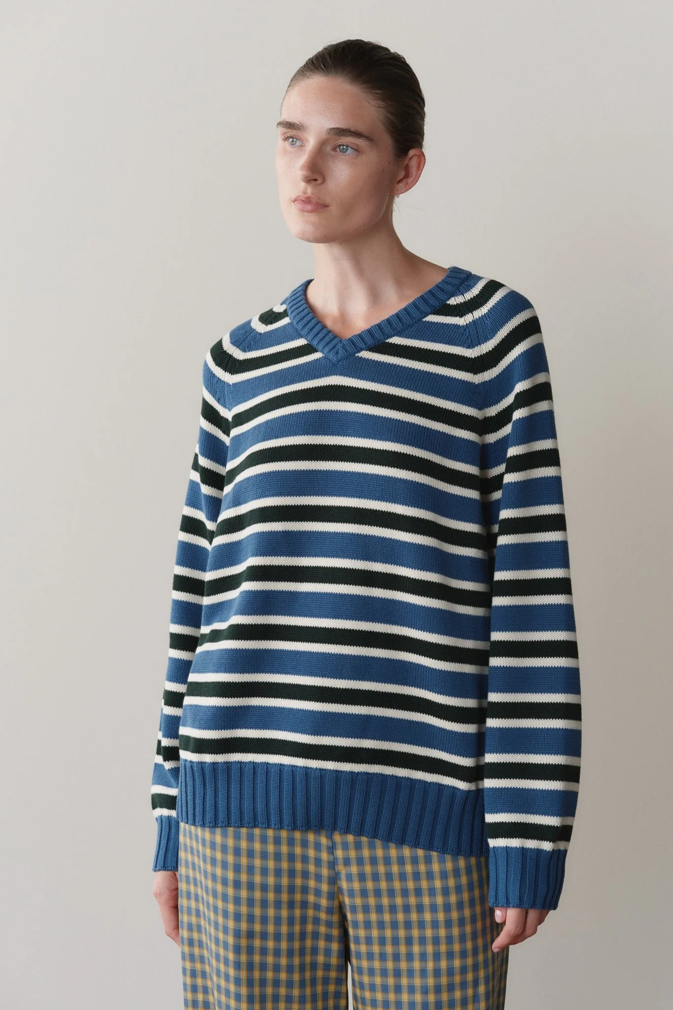 DONNI The Cotton Knit Stripe V-Neck Sweater in Lake