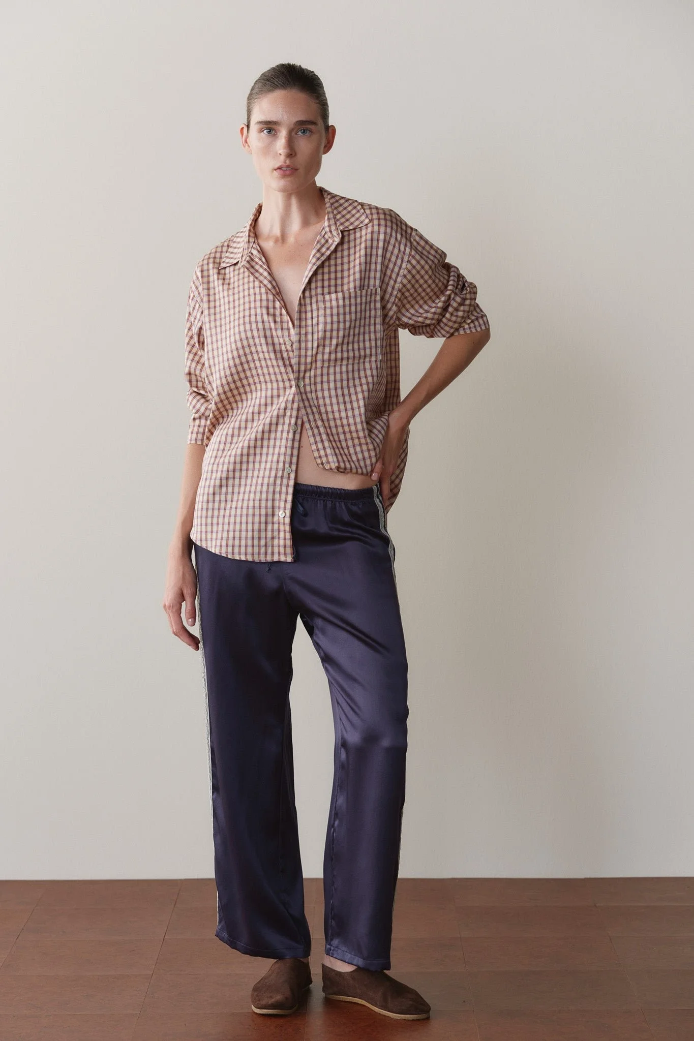 DONNI The Silk Lace Stripe Crop Pant in Navy