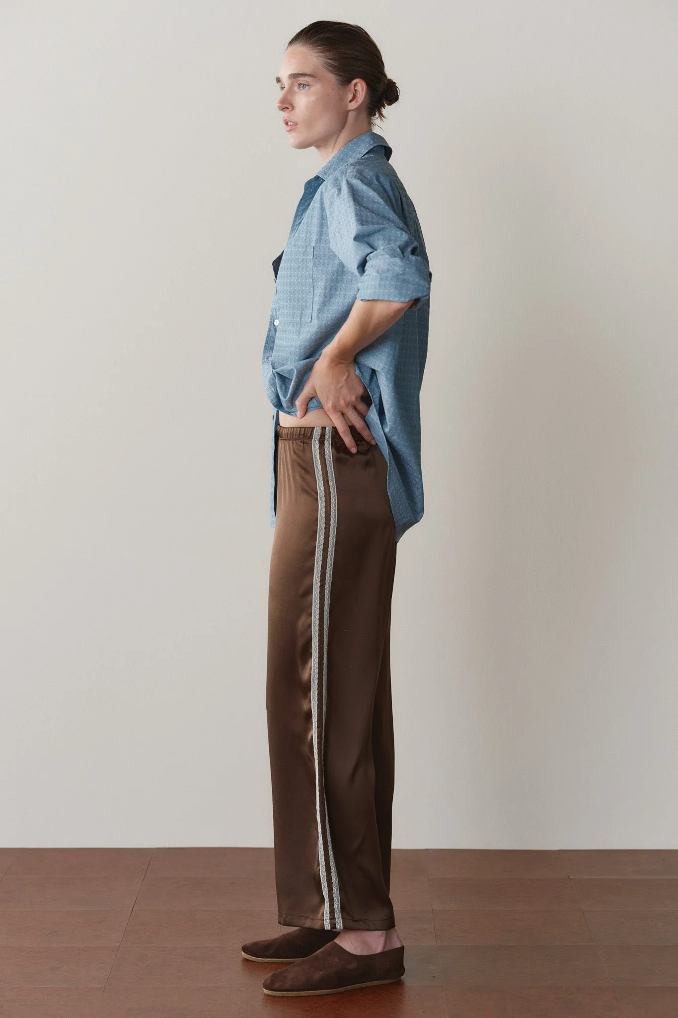 DONNI The Silk Lace Stripe Crop Pant in Espresso