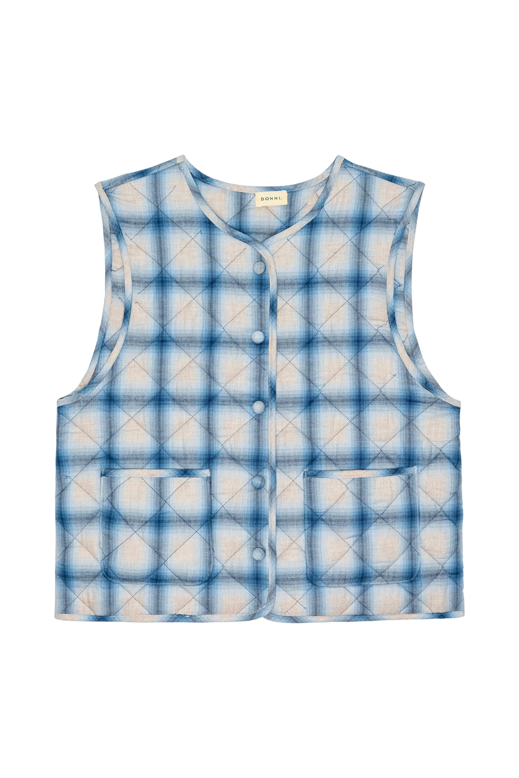 DONNI. The Quilted Plaid Flannel Vest in Blueberry