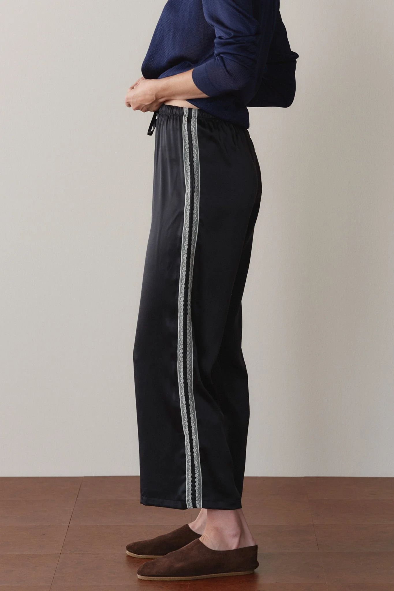 DONNI The Silk Lace Stripe Crop Pant in JET