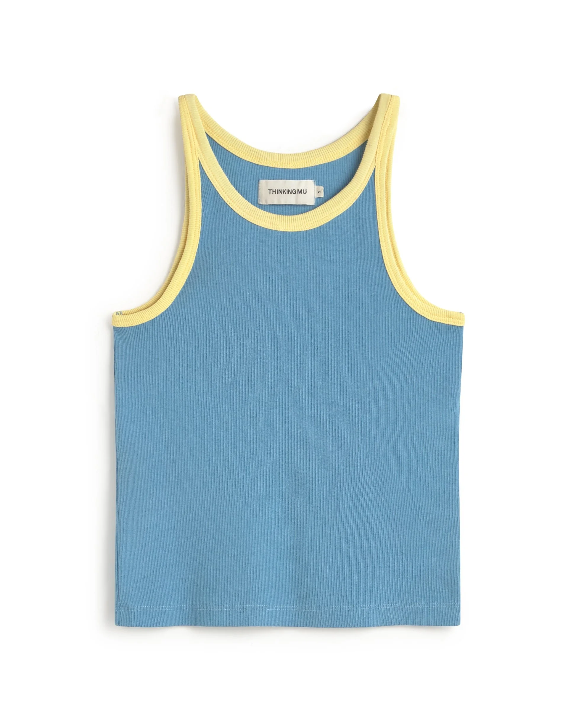 THINKING MU Contrast blue halter top yellow Harriet