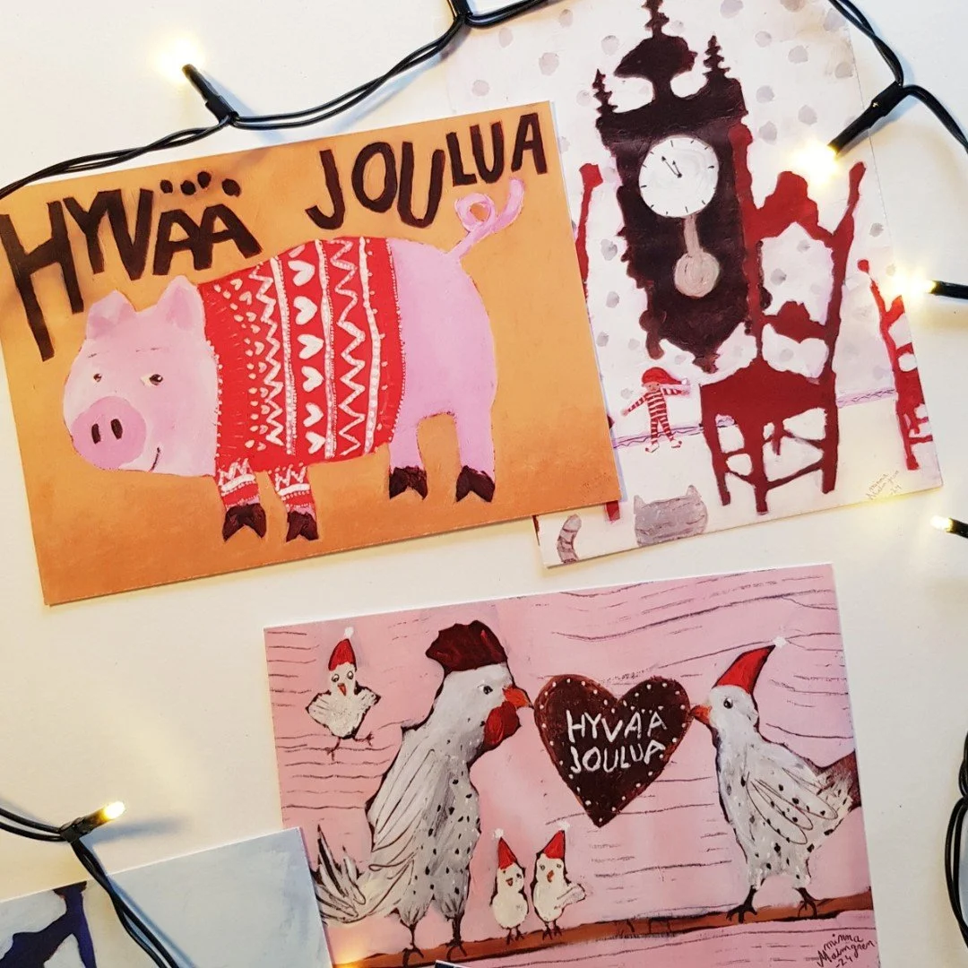 Nyt on myynniss&auml; mun ihka ensimm&auml;inen JOULUkorttimallisto!!❤️Oon niin iloinen ja ylpe&auml; n&auml;ist&auml; korteista! 
Kortteja voi tilata suoraan multa tai tulla ostamaan 14-15.12 Keravan joulu tapahtumasta jossa oon myym&auml;ss&auml; m