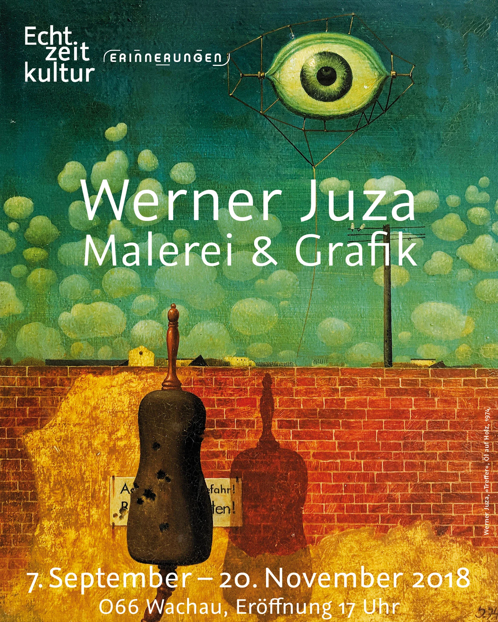 Werner Juza: „Treffer“, Öl auf Holz, 1974; Plakatgestaltung: Kommunikationskontor Düsseldorf 2018