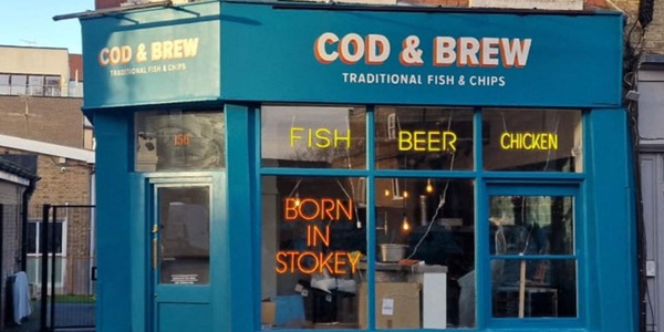 Fresh fish & chips for one from Cod & Brew, Stoke Newington Church Street