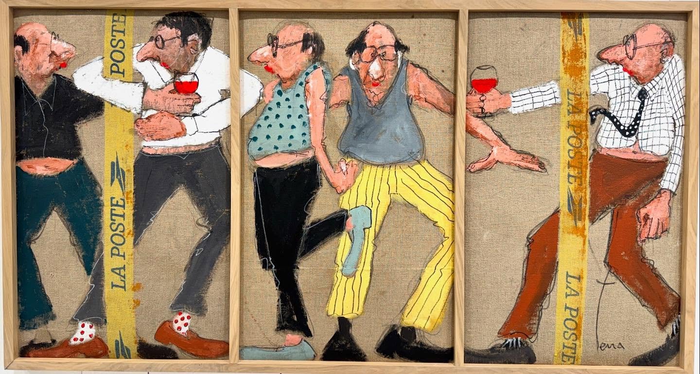 Un triptyque de @beatrice_terra_fernandez a fait son entr&eacute;e &agrave; la galerie! 
.
Peint sur d&rsquo;anciens sacs de la Poste, son support est charg&eacute; d&rsquo;histoire et d&eacute;tourn&eacute; avec espi&egrave;glerie pour mettre en sc&
