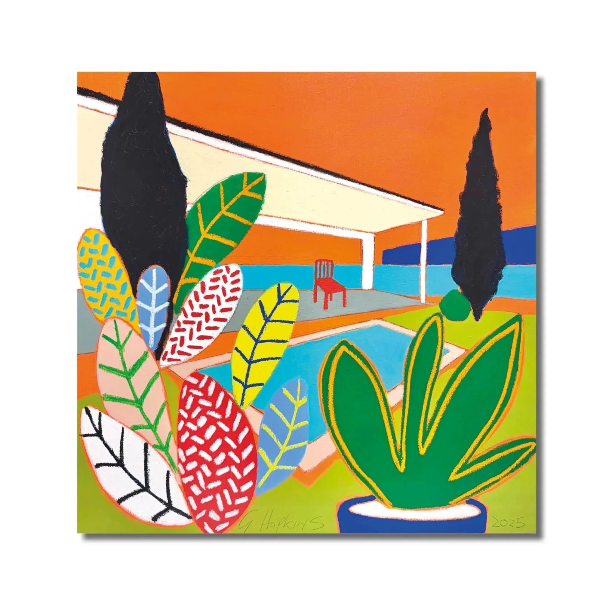 Red chair with pool view - 100 x 100 cm