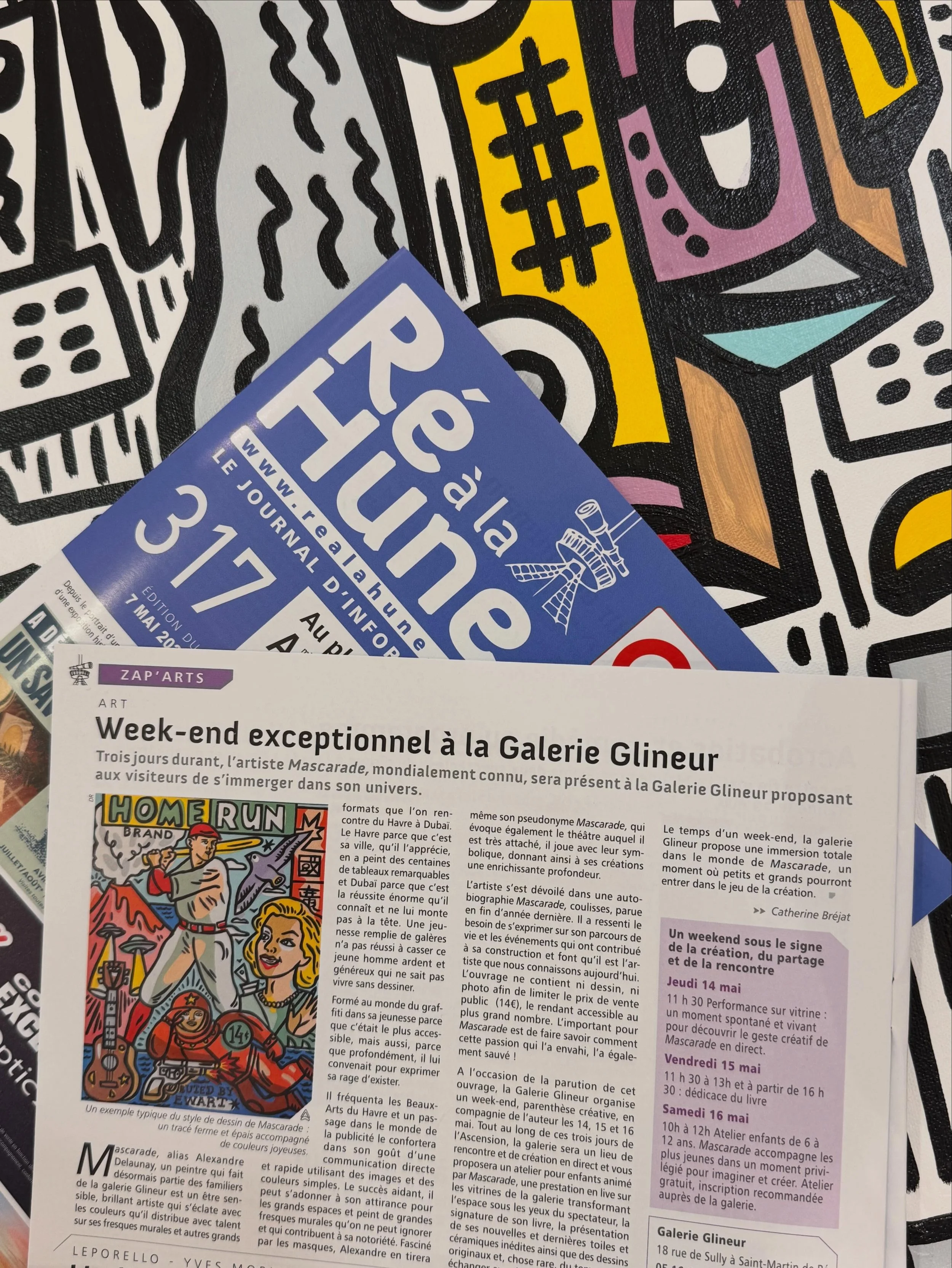 Le nouveau num&eacute;ro de @realahune est sorti! 

Merci pour chouette article qui annonce notre week-end &eacute;v&eacute;nement avec @mascarade_artist lors de l&rsquo;Ascension! 

&Agrave; tr&egrave;s vite! 

#galerieglineur #mascaradeartiste #rea