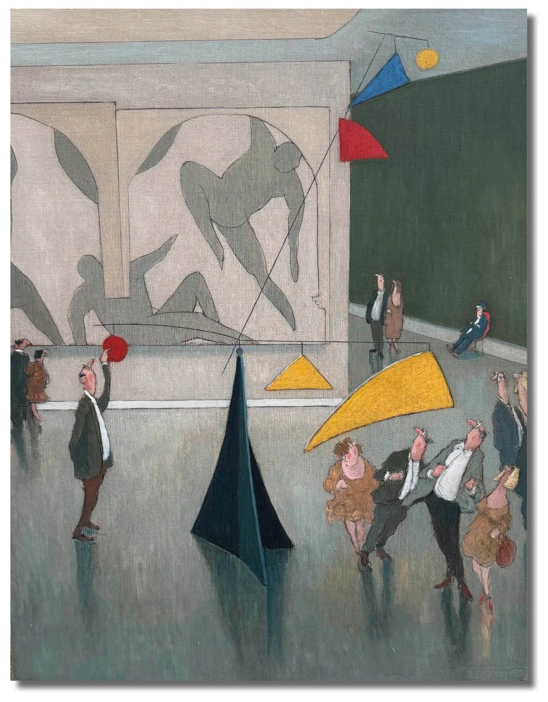 Une peinture représentant des personnages dans un style expressionniste avec des formes déformées, entourés de parasols colorés, dans un contexte urbain, avec une scène d'interaction et de mouvement.