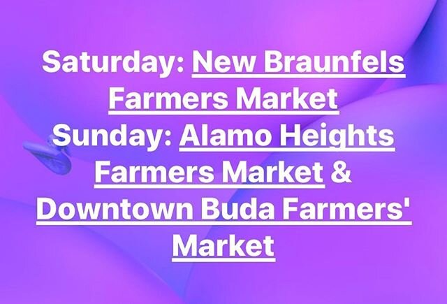 You can find us in New Braunfels from 9:00-1:00 on Saturday! Or on Sunday between 10:00-2:00 in Buda or San Antonio! 💜