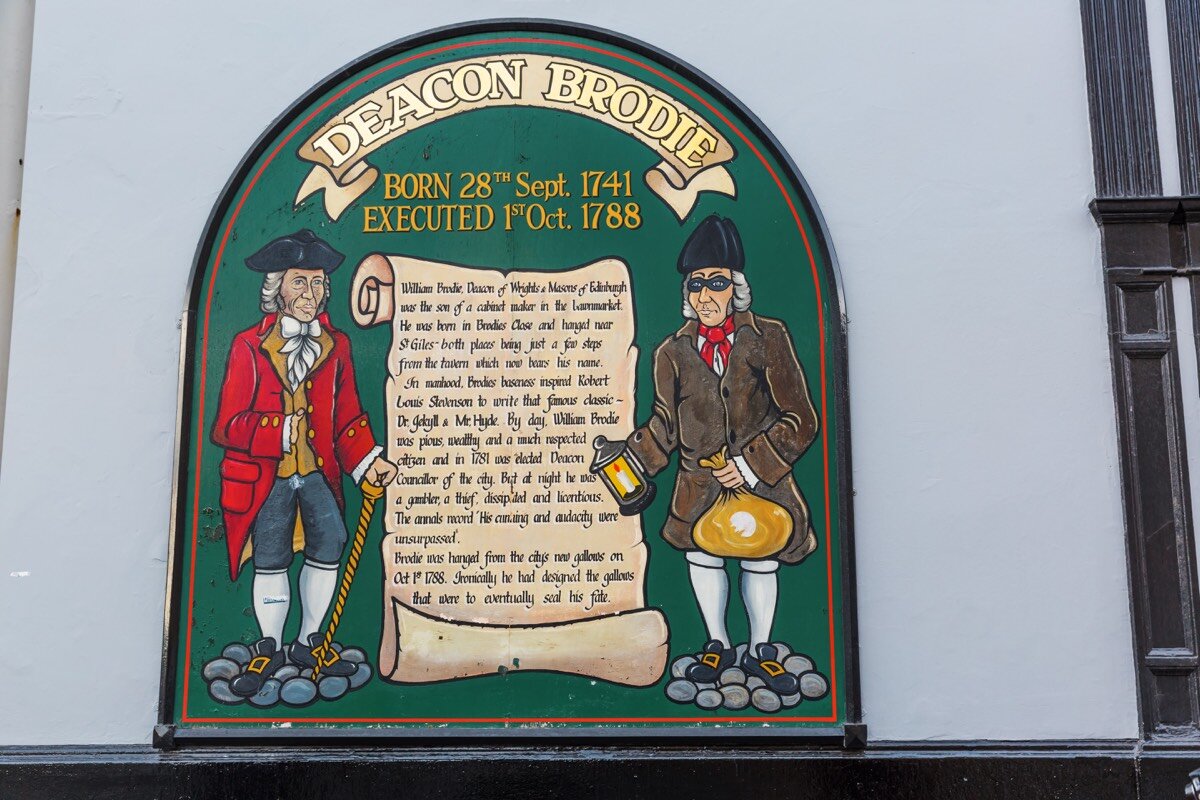 A sign outside Deacon Brodie’s Tavern in Edinburgh. Deacon Brodie is frequently acknowledged as an inspiration for Stevenson’s novel. Brodie was a respected city councillor in Eighteenth Century Edinburgh; however, it eventually transpired that he was leading a secret life of crime, and he was hung in 1788.