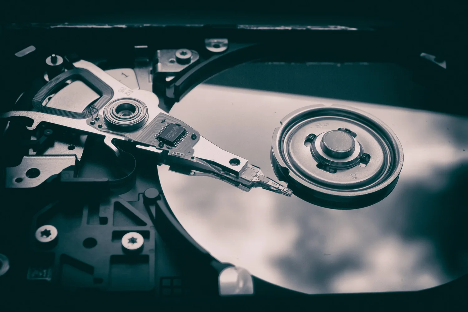 Inside a hard drive on the Nerderase workbench