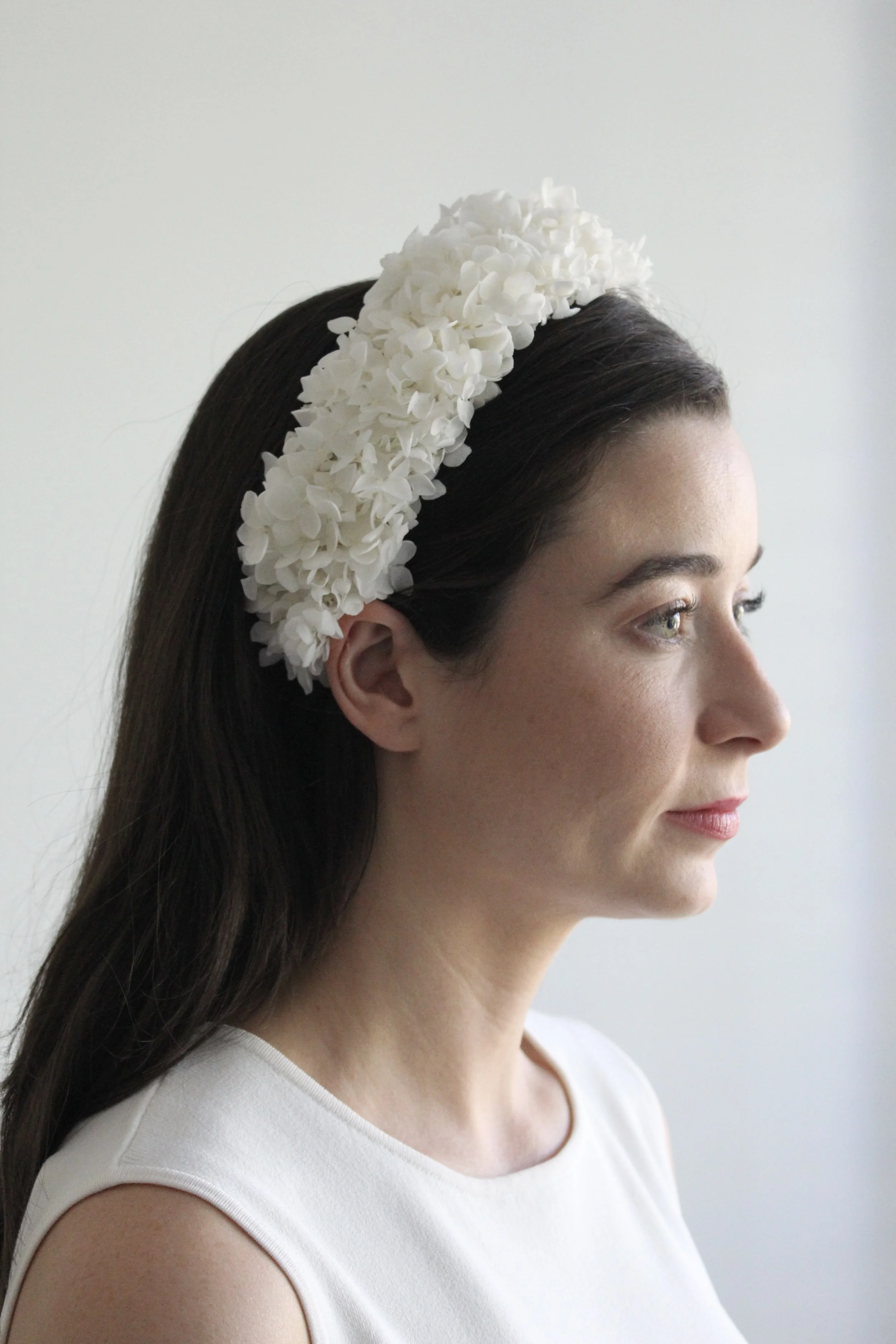Wider width, Signature white dried Hydrangea headband