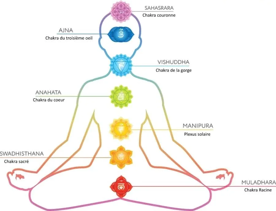 Diagram of the seven main chakras and their meanings, from the root chakra to the crown chakra, illustrating the body's traditional energy centers.