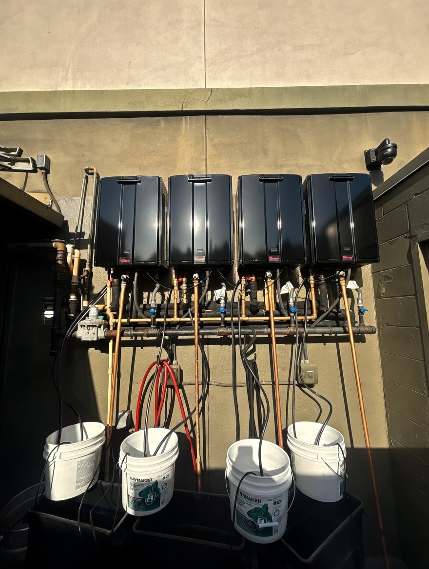 Multiple black boxes mounted on a wall with pipes and wires connected below, with white buckets placed on a surface underneath.