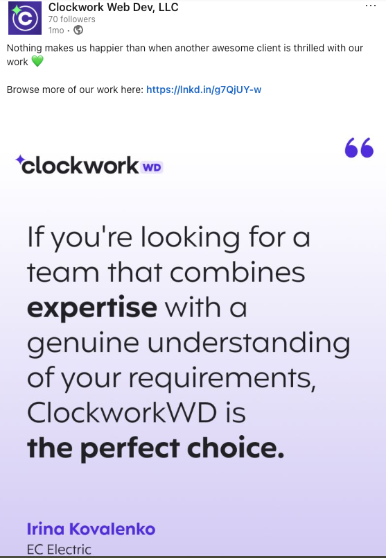 Testimonial graphic for Clockwork, 2025