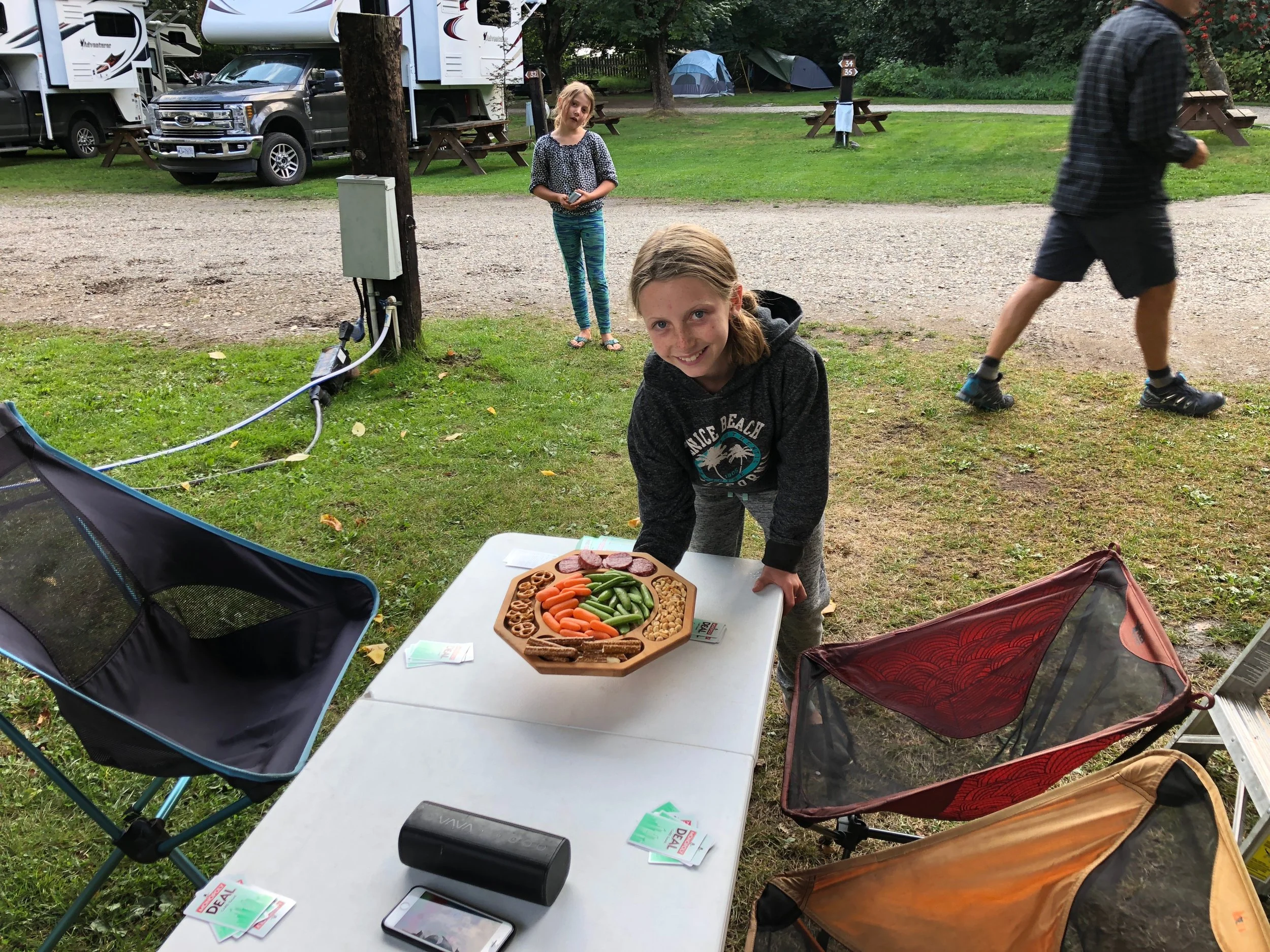 Ellie put together appetizers for the evening. We ate them under the awning while the rain fell around us!