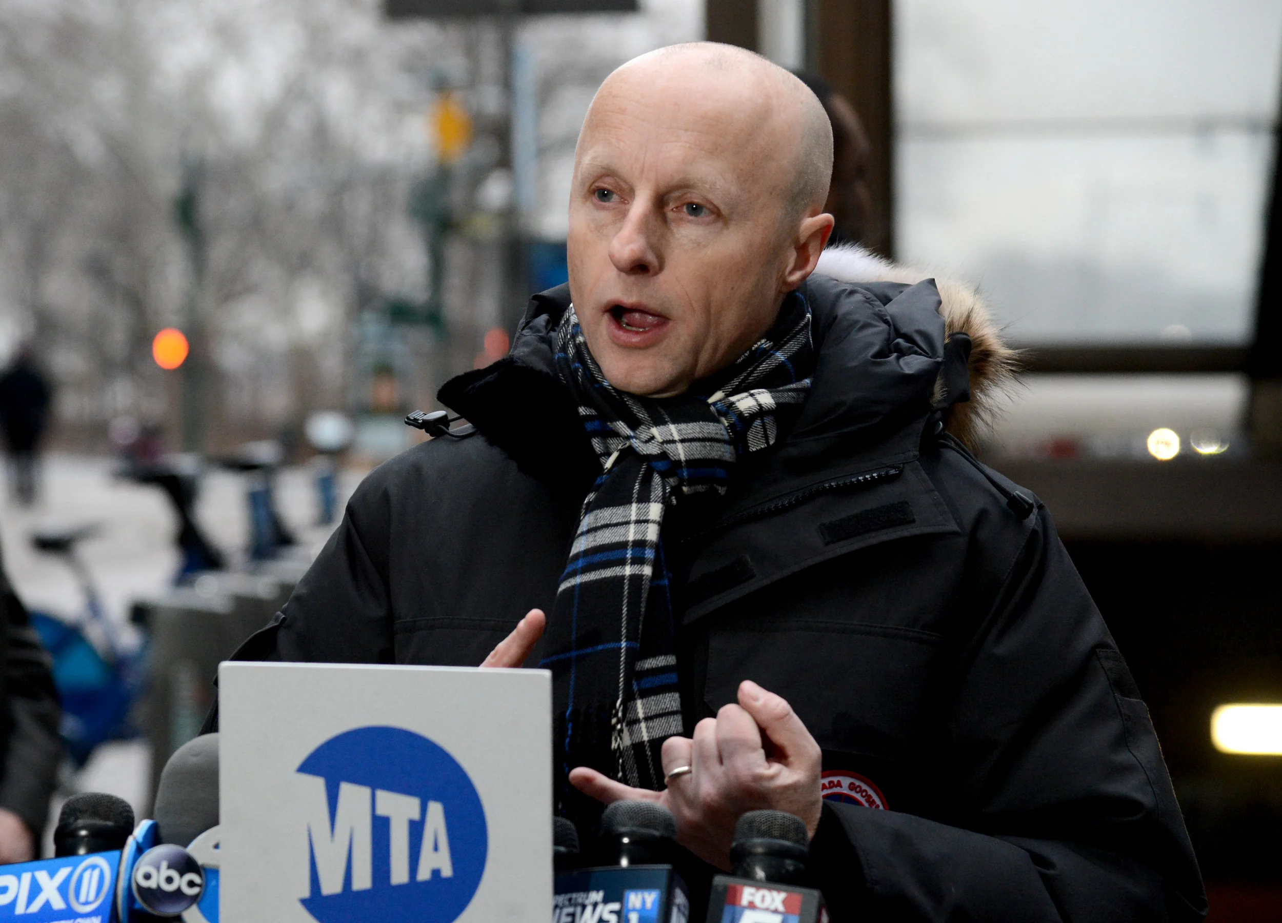 Photo of New York City Transit Authority President Andy Byford speaking at a podium