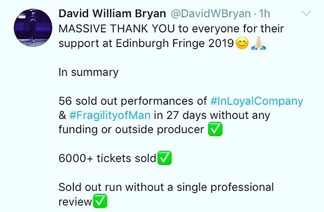 Well that&rsquo;s it, my third Edinburgh Fringe done ✅ .
.
Just wanna say a massive thank you to the unbelievably supportive love of my life @katie_a_w_ for the endless support😊🙏🏼
.
.
My genius sound &amp; lighting guru @jonnytechs .
.
My incredib