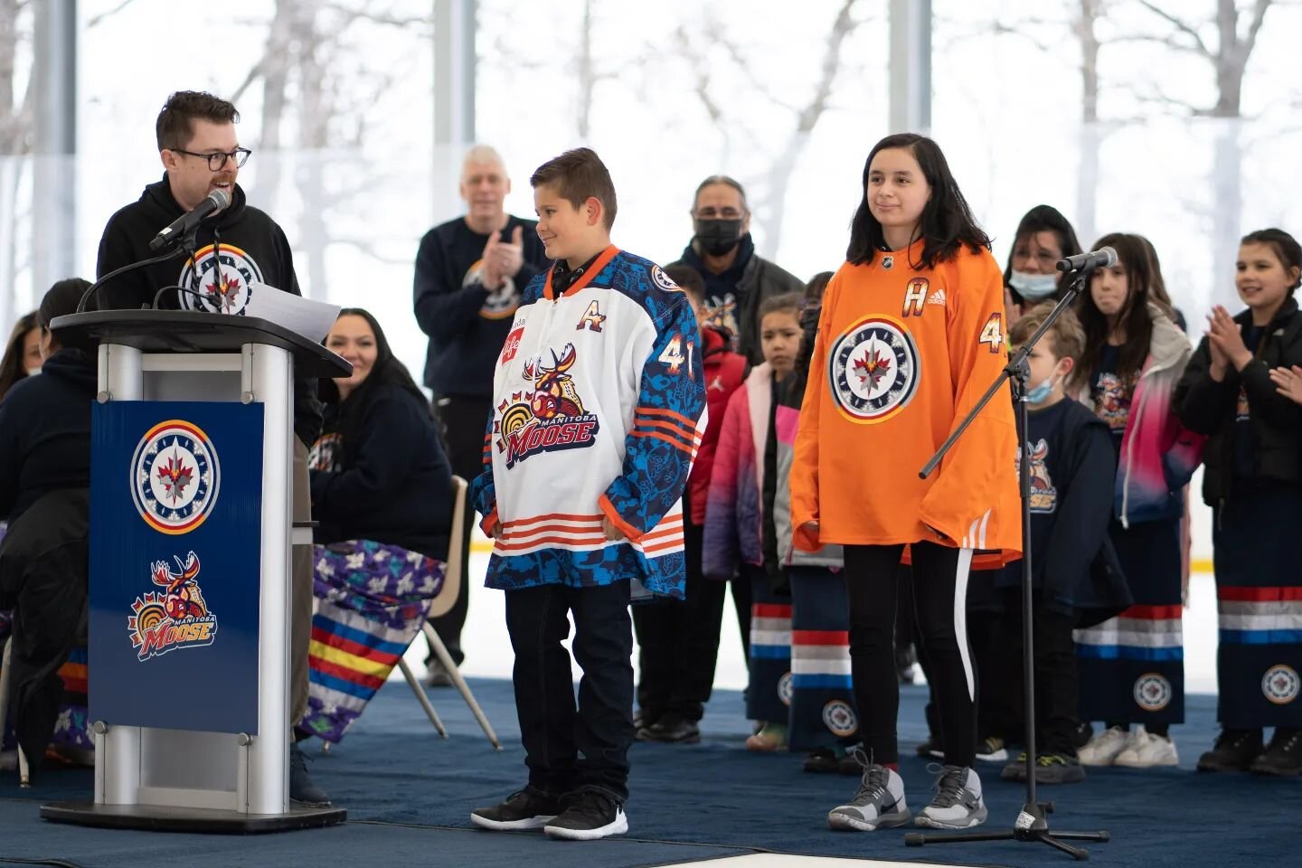 Miigwech @NHLJets &amp; @ManitobaMoose - What a great kickoff unveiling new Indigenous themed jerseys for the 4th year of #WASACNight #FollowYourDreamsDay games this weekend 🧡 We are grateful for our partnership that creates opportunities for youth 