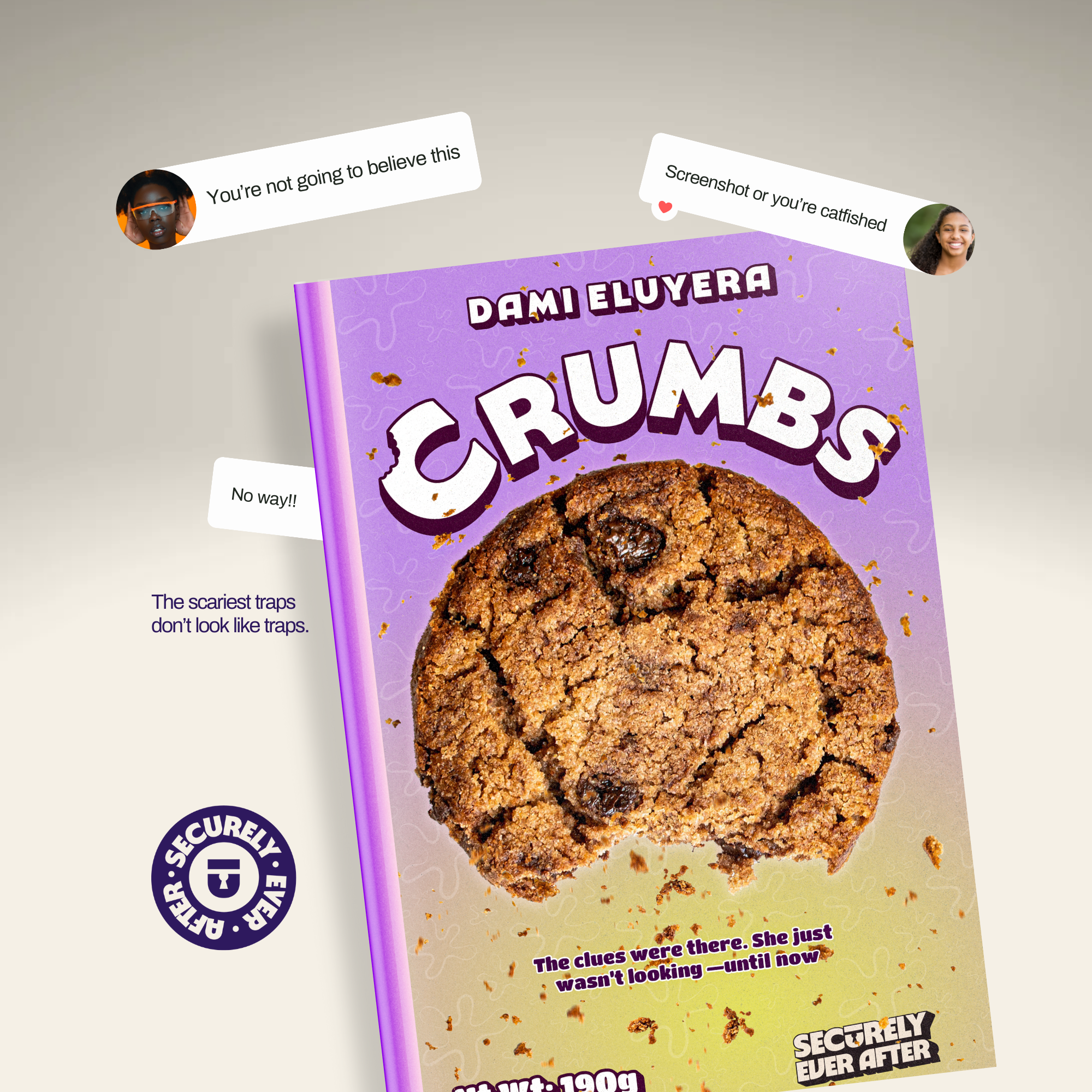 Book titled 'Crumbs' by Dami Eluyera featuring a large chocolate chip cookie on the cover, with humorous speech bubbles and a security badge.