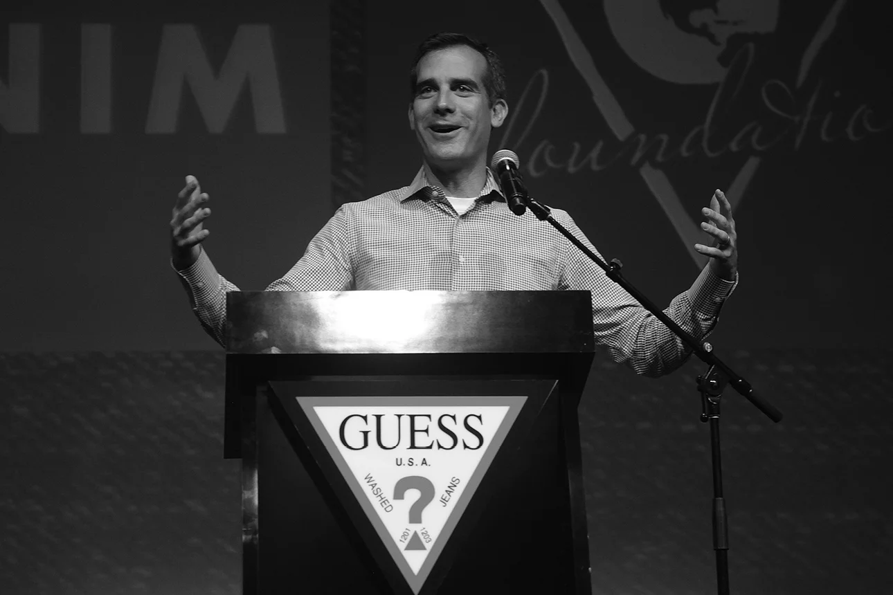 Mayor of Los Angeles Eric Garcetti speaking on Denim Day 2014 Press Conference at GUESS? Headquarters