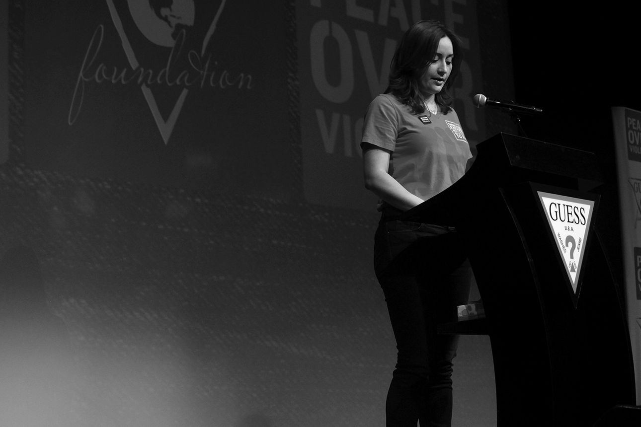  Britni, survivor/advocate addressing the audience at Denim Day 15th anniversary 2014 Press Conference 