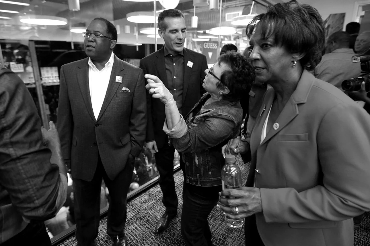 Supervisor Mark Ridley-Thomas, Mayor Eric Garcetti, Patti Giggans & District Attorney Jackie Lacey at GUESS? Inc. Headquarters on April 29, 2015 in Los Angeles, California.