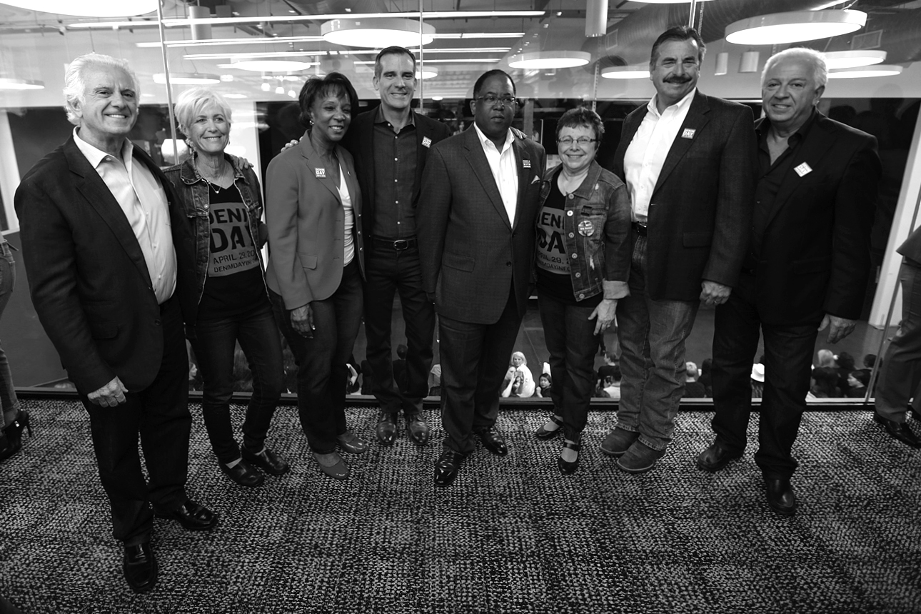  Maurice Marciano, Cathy Friedman, District Attorney Jackie Lacey, Mayor Eric Garcetti, Supervisor Mark Ridley-Thomas, Patti Giggans, Chief Charlie Beck &amp; Paul Marciano at GUESS? Inc. Headquarters on April 29, 2015 in Los Angeles, California. 