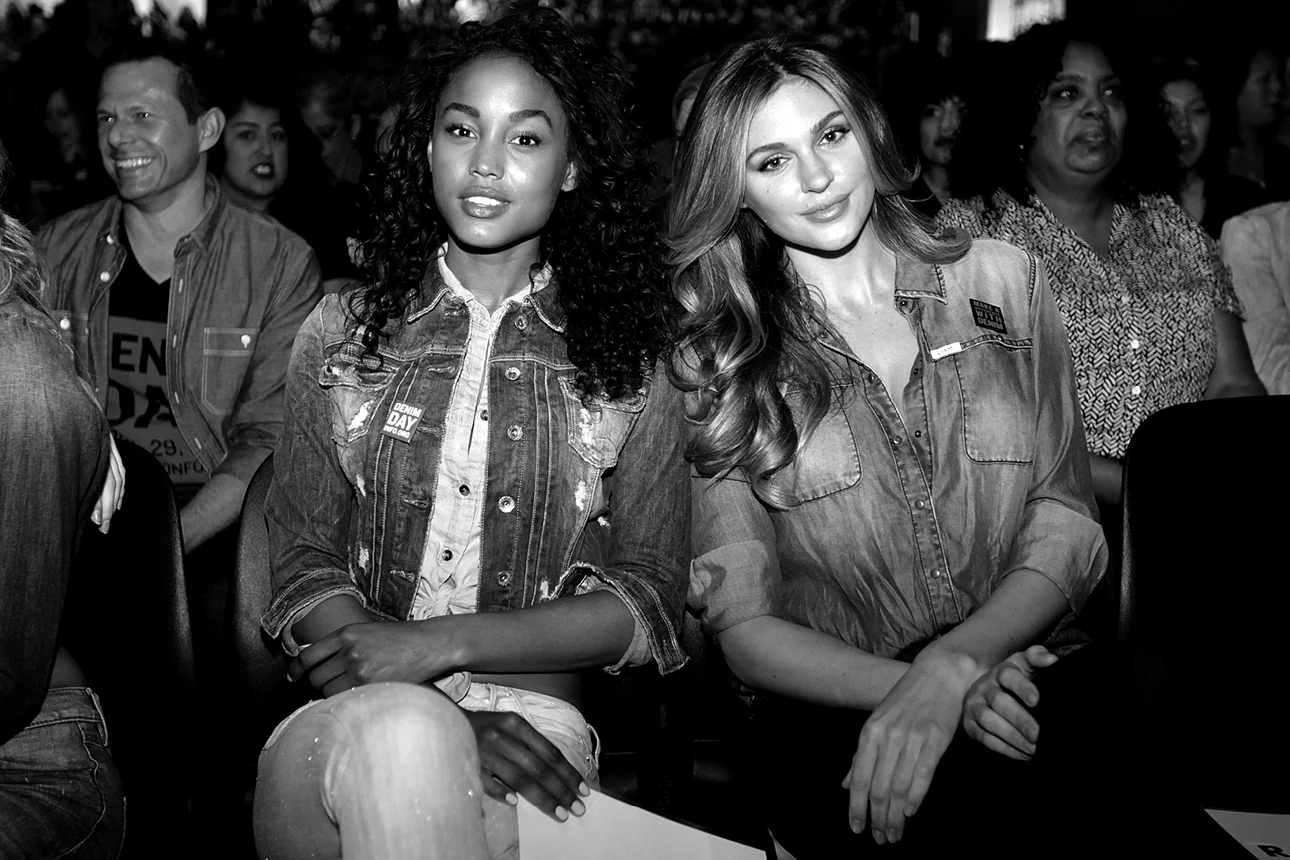 Natalie Pack and Jessica Raemy in the audience at GUESS? Inc. Headquarters on April 29, 2015 in Los Angeles, California.