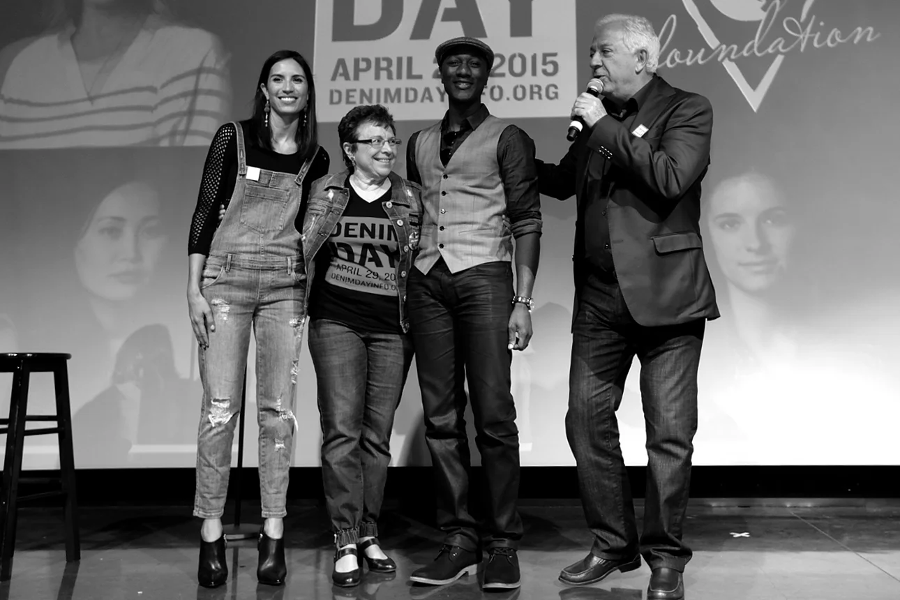 Maya Jupiter, Patti Giggans, Aloe Blacc and Paul Marciano close the 16th Denim Day Press Event at GUESS? Inc. Headquarters on April 29, 2015 in Los Angeles, California.