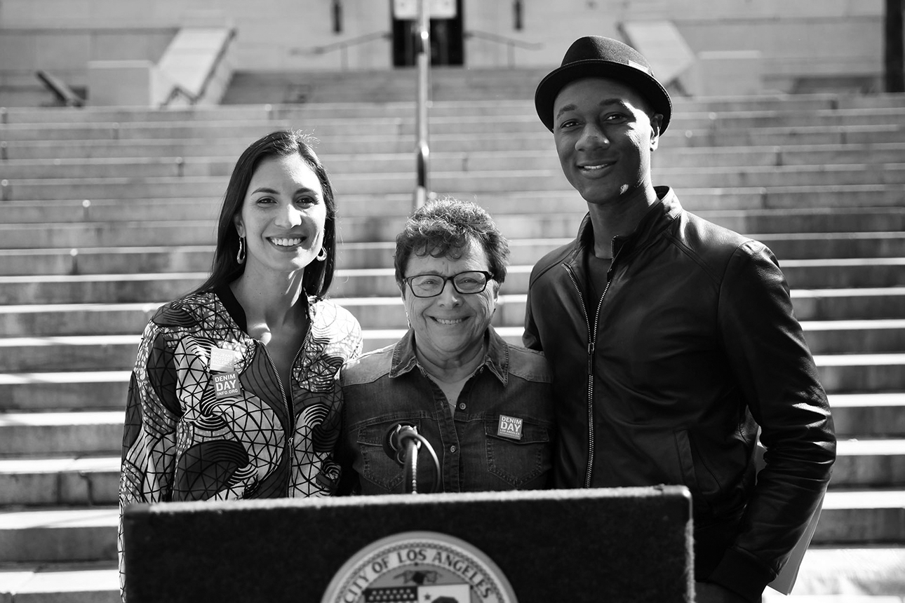  Denim Day Spokescouple, Maya Jupiter and Aloe Blacc with POV Executive Director and Denim Day Founder, Patti Giggans 