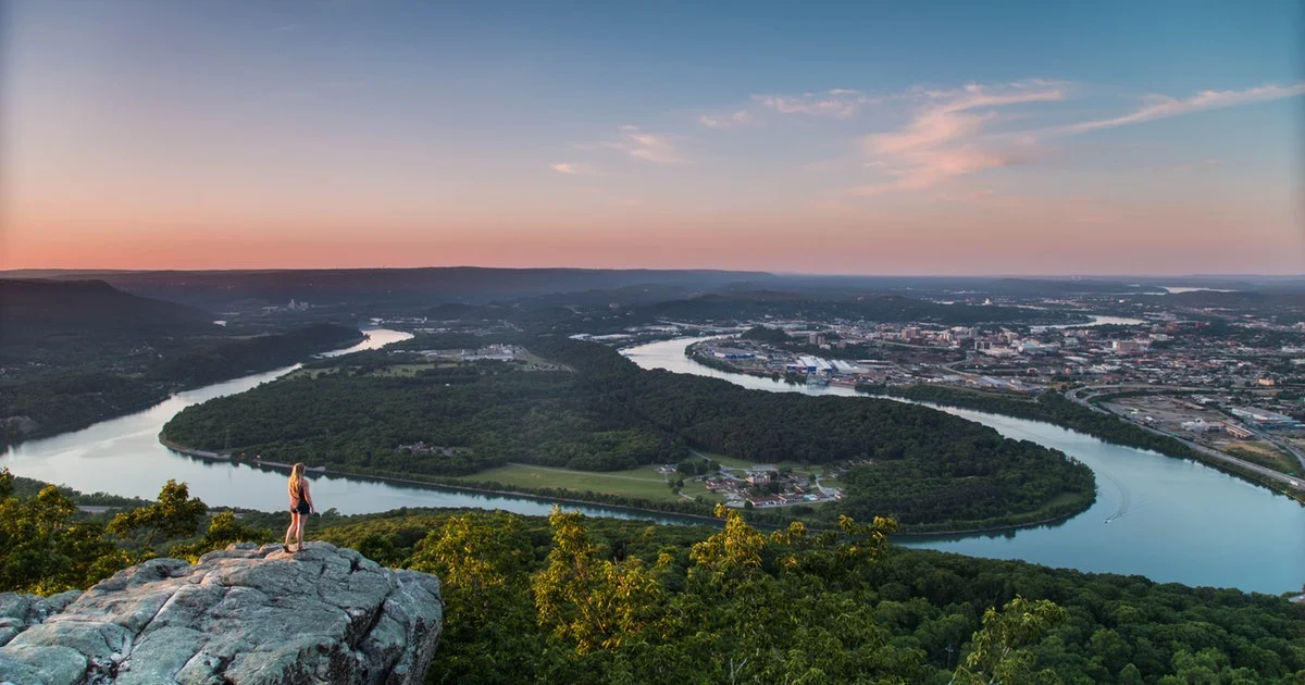 The view of the Tennessee River Valley and Moccasin Bend National Archaeological District from Point Park on Lookout Mountain.