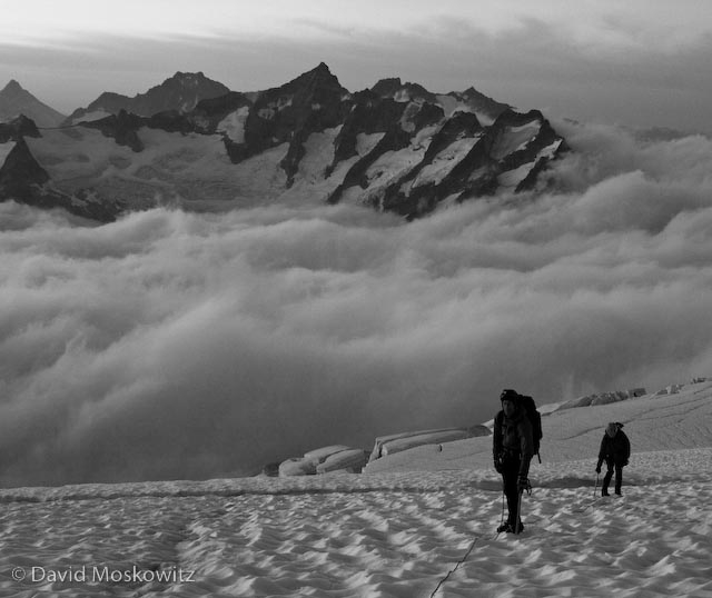 Samantha and Matt on the Inspiration Glacier on the approach to the West Arete of Eldorado Peak.