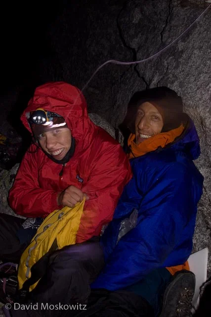 Happy faces after enduring an unplanned bivouac high on the west face.
