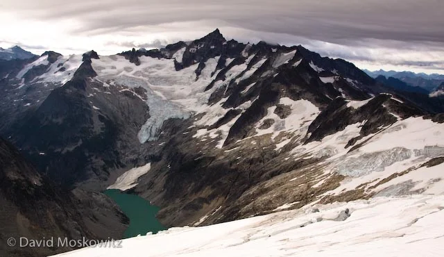 Forbidden Peak, the Forbidden Glacier and Moraine Lake with part of the Inspiration Glacier in the foreground, taken from our camp at the base of Eldorado’s east ridge.