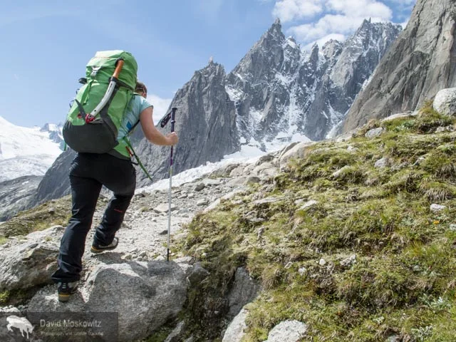 Erin Smart on the trail into the Envers Hut, situated above the Mere du Glace.