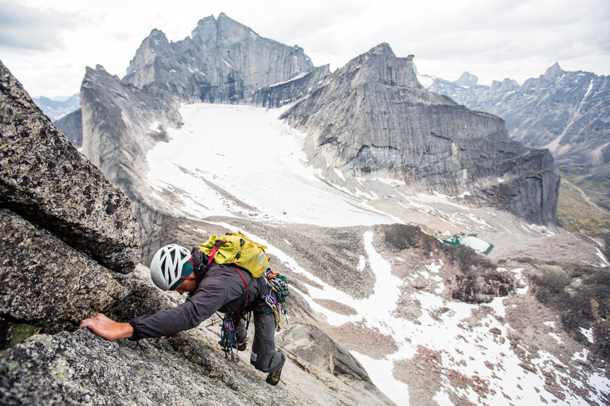 Drew Lovell climbing on the south ridge of Shot Tower in the Arrigetch Peaks region of the Brooks Range, Alaska.