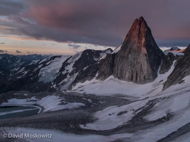 Sunrise on Snowpatch Spire, above the Crescent Glacier. Bugaboo Range.