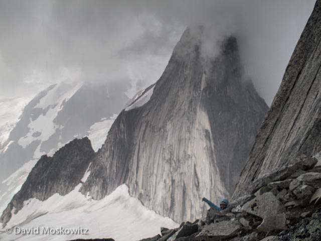 Just as we arrived to the base of the steepest section of Bugaboo Spire’s northeast ridge an electrical storm rolled in. Erin shares her thoughts about the situation from where she hunkered down in the talus. Snowpatch Spire beyond disappears into the clouds.