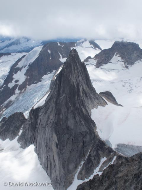 Looking down on Snowpatch Spire from close to the summit of Bugaboo Spire.