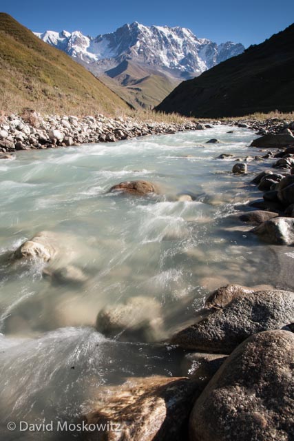 Downstream, the impacts of primitive sewage systems, unbelievable garbage disposal practices, unfettered livestock access, old mining activity, and a massive hydroelectric dam take their toll on the Inguri River, but here at its headwaters it flows free and beautiful off of some of the highest peaks in the world.