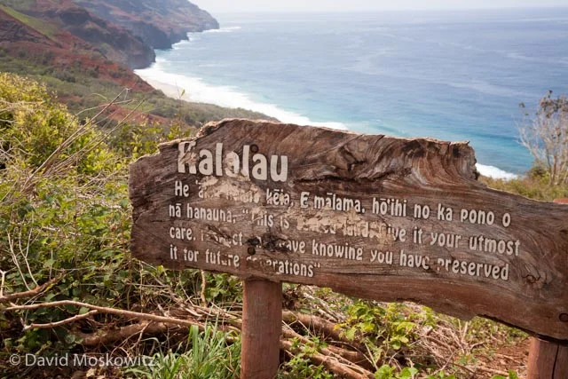 Sign along the trail into Kalalau beach.