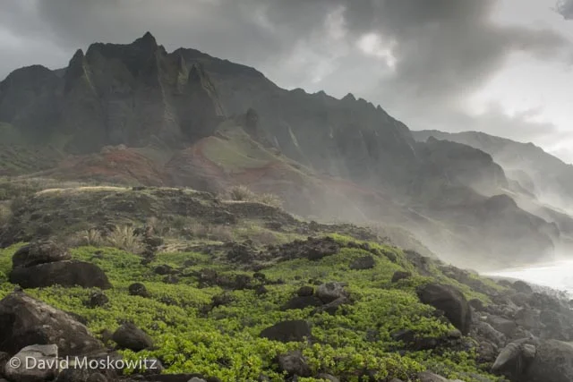 Evening light on the peaks and coastline. Napali Coast, Kauai