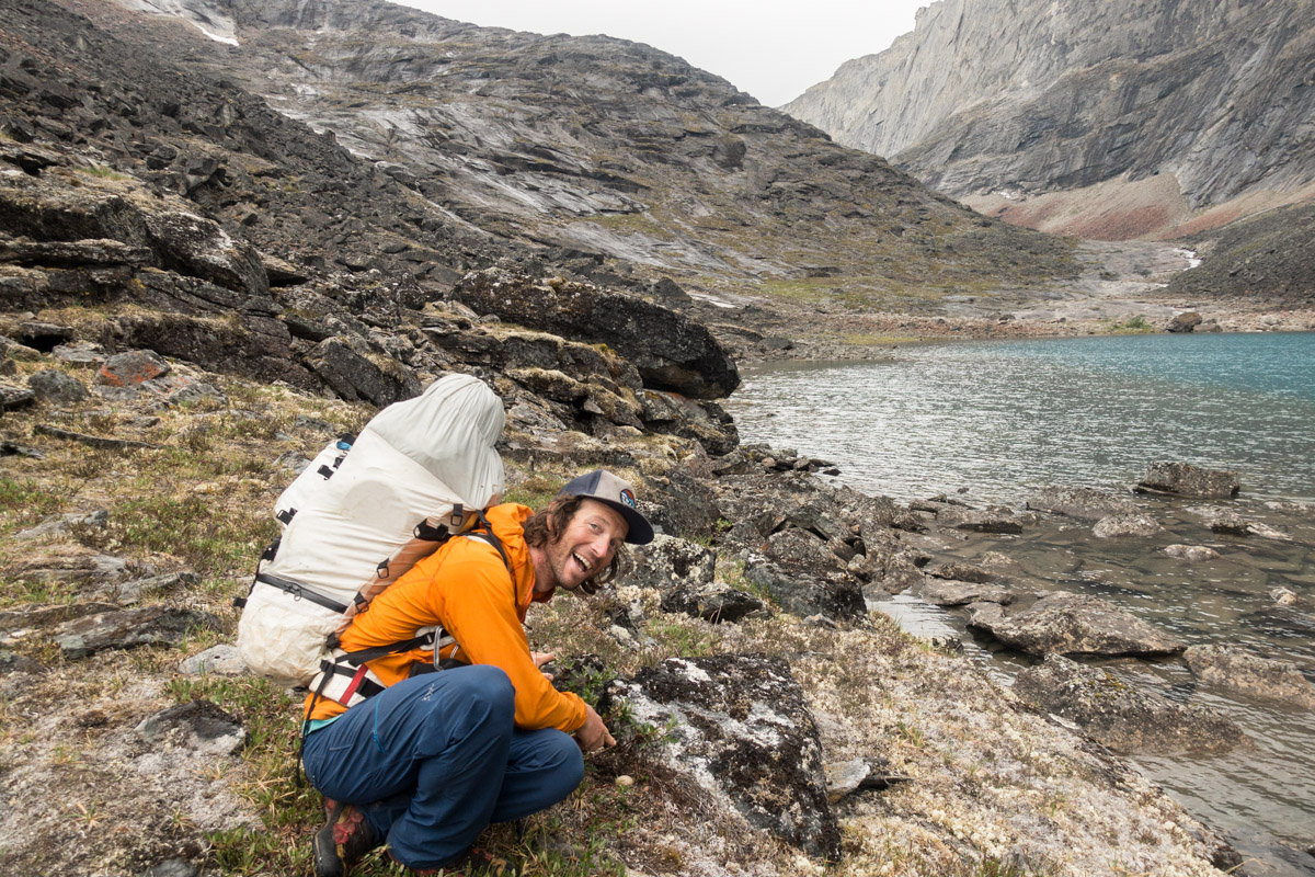 Mountaineer Forest McBrian points to the Long-tailed duck nest we discovered on the banks of an alpine tundra lake in the Brooks Range of Alaska.