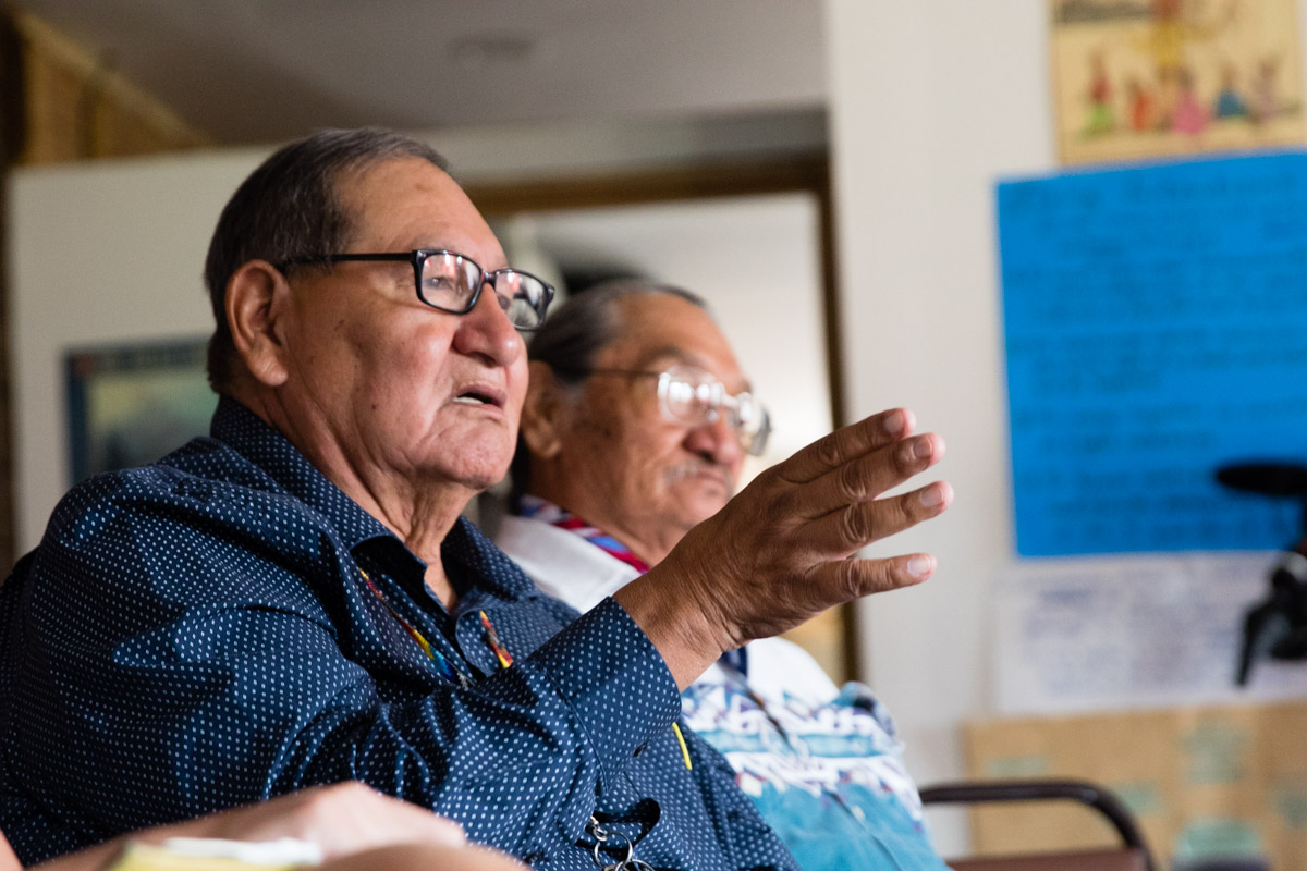  Elder Chris Eagle Hawk shares stories from his life including his experience in Indian boarding school as a child. As was typical for many of his generation, he was forced to attend and when he was first brought there he spoke no English and was pun