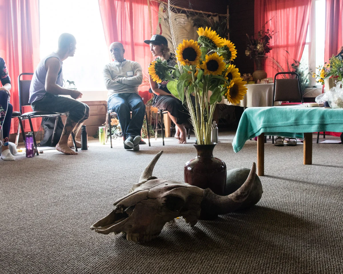 Altar in the center of the meeting space for the gathering. Host Dallas Chief Eagle shared the story of the buffalo skull on the altar. Buffalo are central to Lakota culture.