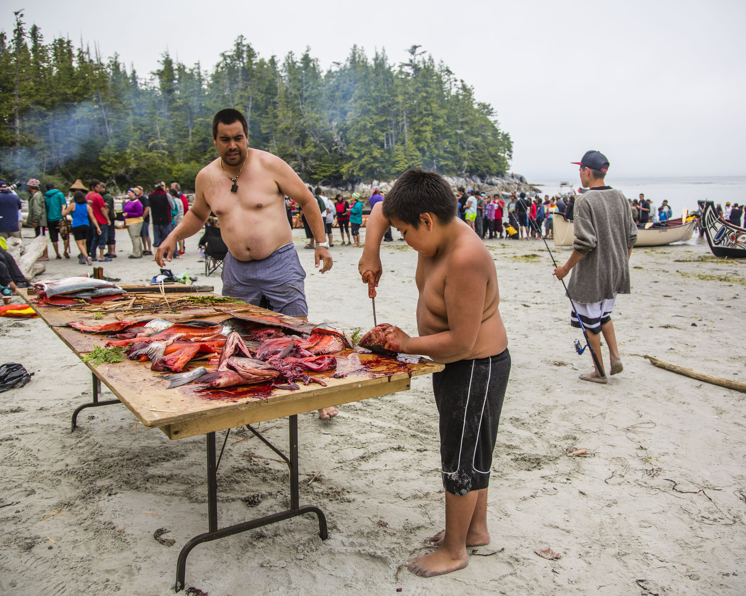  Two members of the Wuikinuxv First Nation prepare wild salmon to feed to guests to their territory duirng the annual Tribal Canoe Journey which brings together First Nations from up and down the Pacific Northwest. Each night the local First Nation w